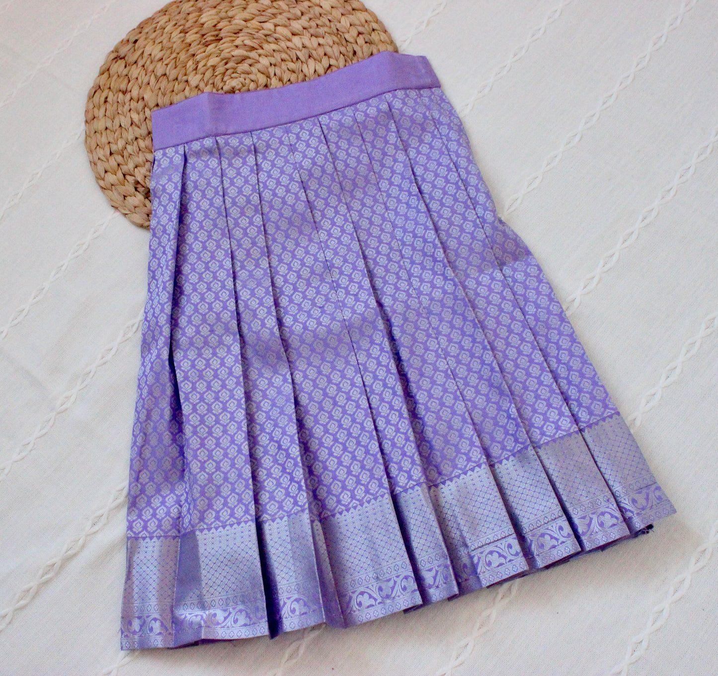 Beautiful Traditional Pastel Pink Silk Blouse With Purple Pleated Pattu Pavadai/Lehenga