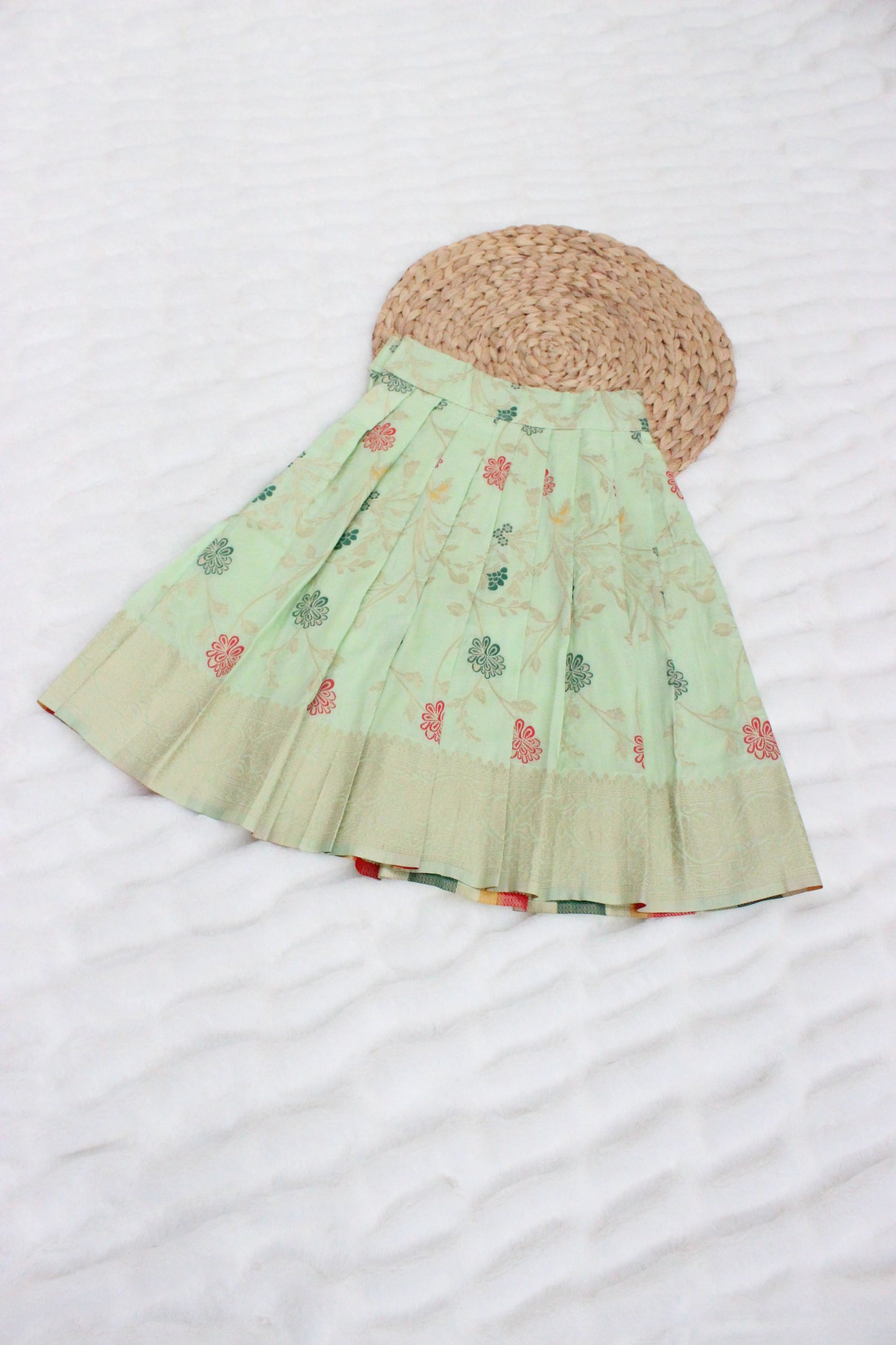 Pastel Green Bananas Crop Top with Knife Pleated Silk Skirt(Ready To Dispatch)