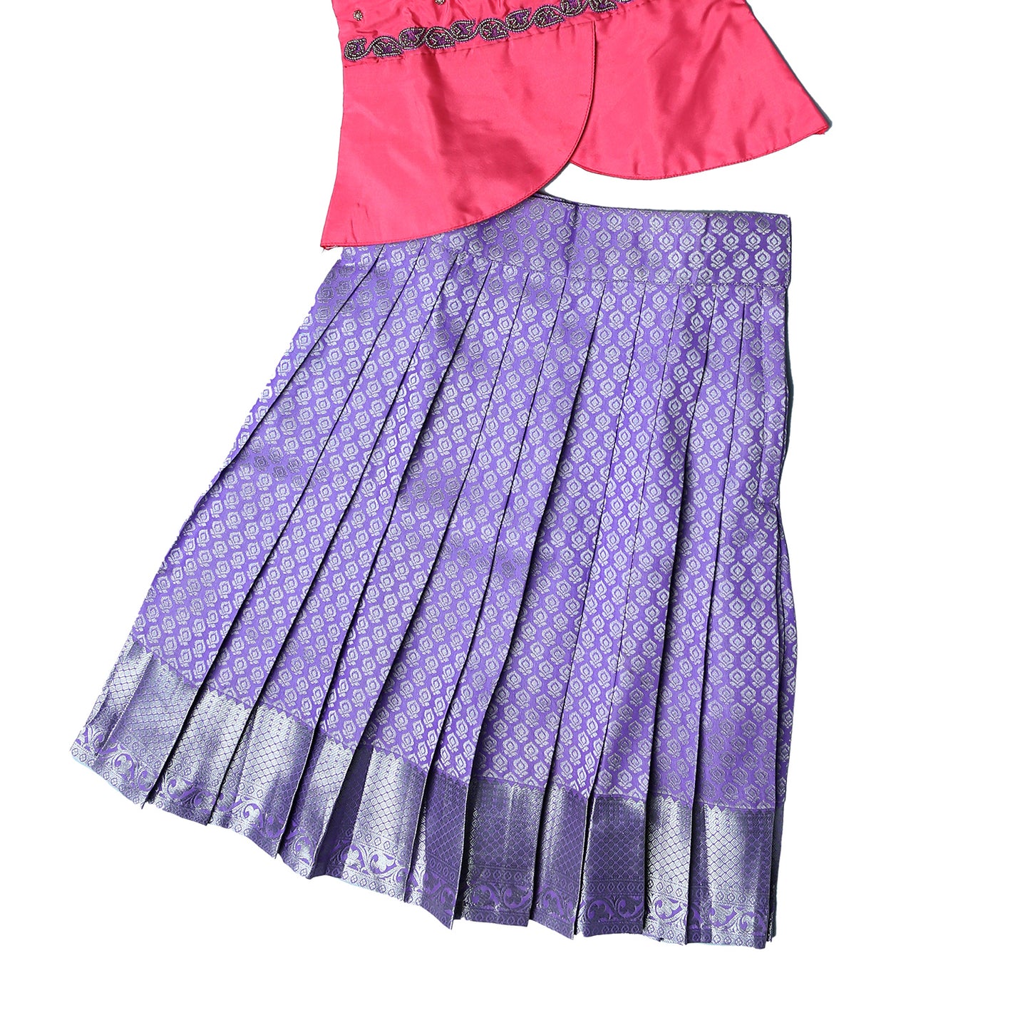 Beautiful Traditional Pastel Pink Silk Peplum Blouse With Purple Pleated Skirt(Ready To Dispatch)