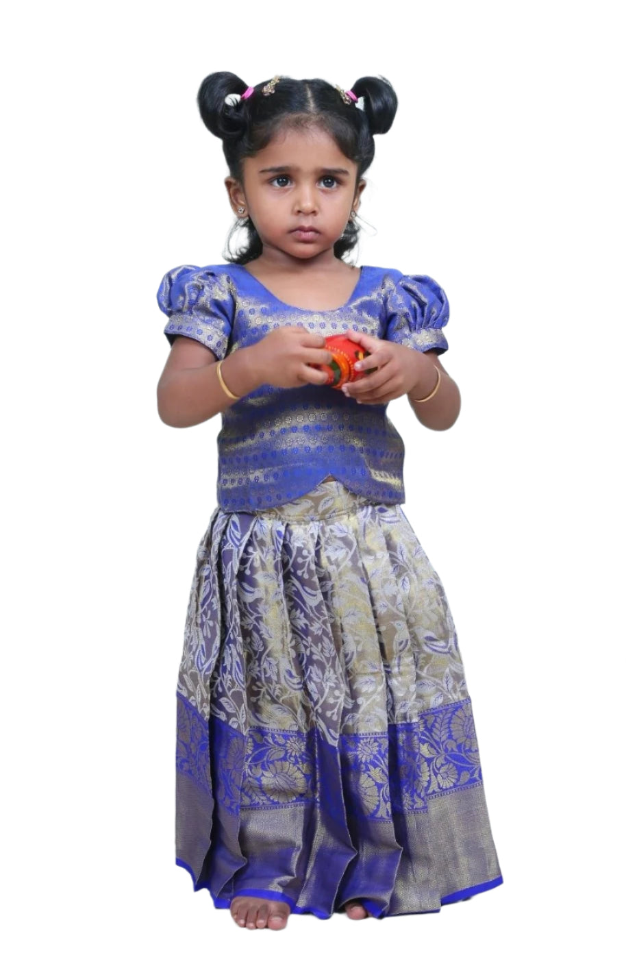 Adorable Blue Banarasi Semi Silk Blouse And Designer Silk Skirt For Girls(Ready To Dispatch)