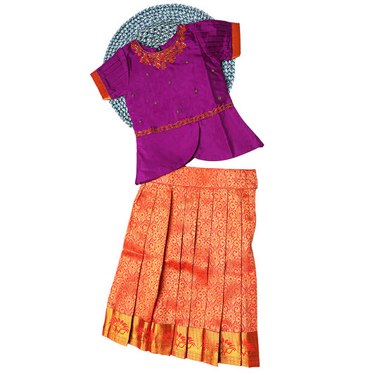 Beautiful Traditional Violet Silk Peplum Blouse With Orange Pleated Pattu Pavadai(Ready To Dispatch)