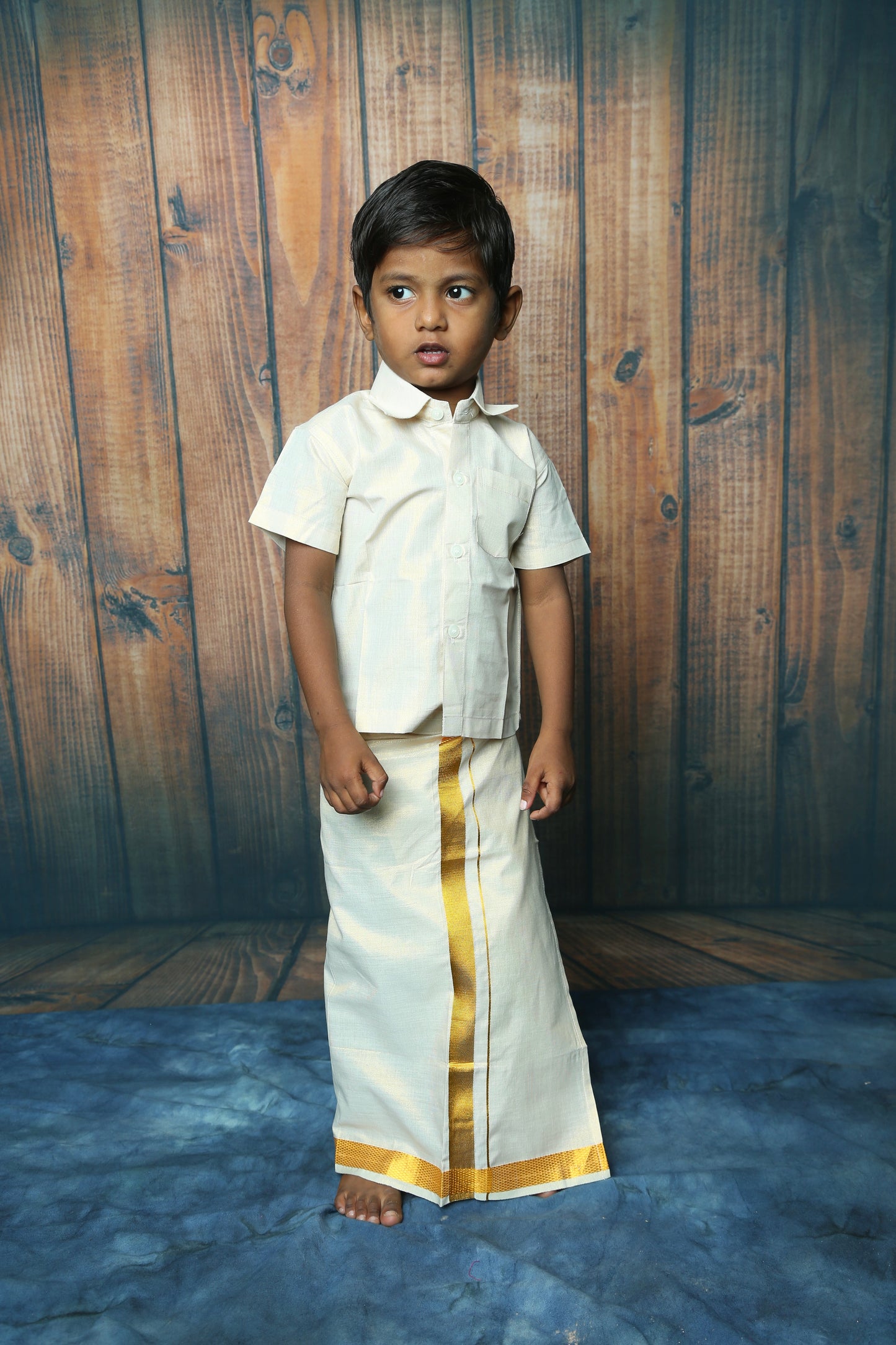 Boys Tissue Jari Half Sleeve Shirt Dhoti Set-Gold(Ready To Dispatch)