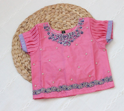 Beautiful Traditional Pastel Pink Silk  Blouse With Purple Pleated Pattu Pavadai/Lehenga