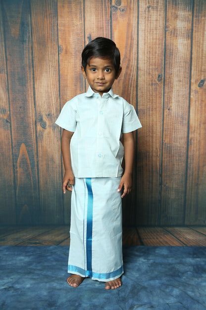 Boys Tissue Jari Half Sleeve Shirt Dhoti Set-Blue(Ready To Dispatch)