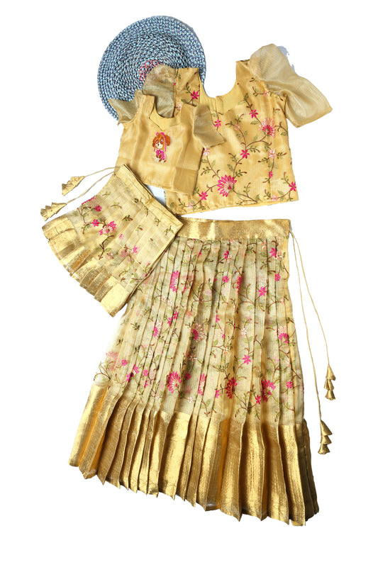 Golden Tissue Silk Twinning Lehenga For Mommy & Daughter With Pink Dupatta(Pre Booking)