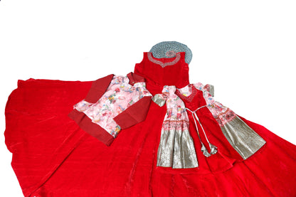 Red Velvet Hand Embroidered Twinning Suits For Mommy & Daughter With Satin Overcoat(Pre Booking)