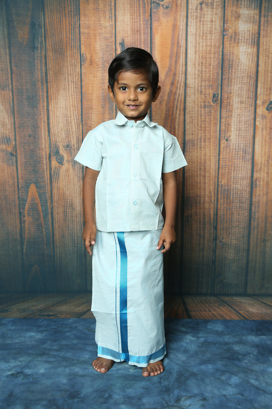 Boys Tissue Jari Half Sleeve Shirt Dhoti Set-Blue(Ready To Dispatch)