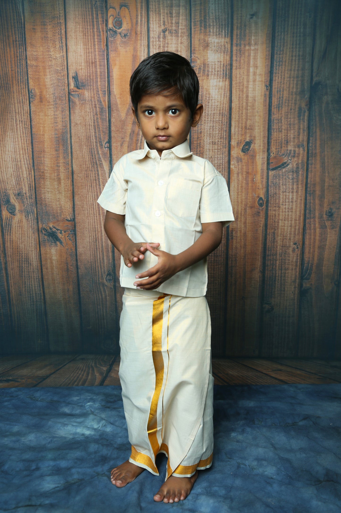 Boys Tissue Jari Half Sleeve Shirt Dhoti Set-Gold(Ready To Dispatch)