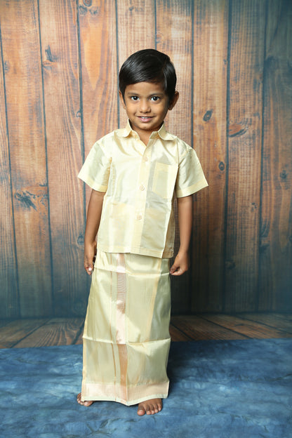 Boys Arts Silk Shirt & Dhoti Sets-Gold(Ready To Dispatch)