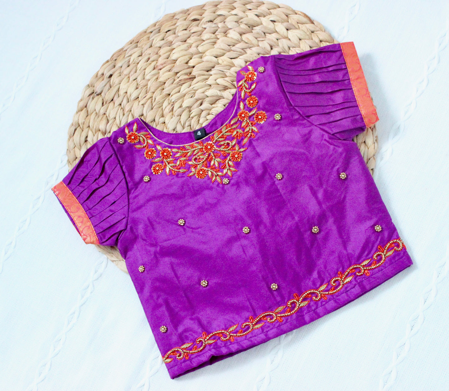 Beautiful Traditional Violet Silk Blouse With Orange Pleated Pattu Pavadai/Lehenga