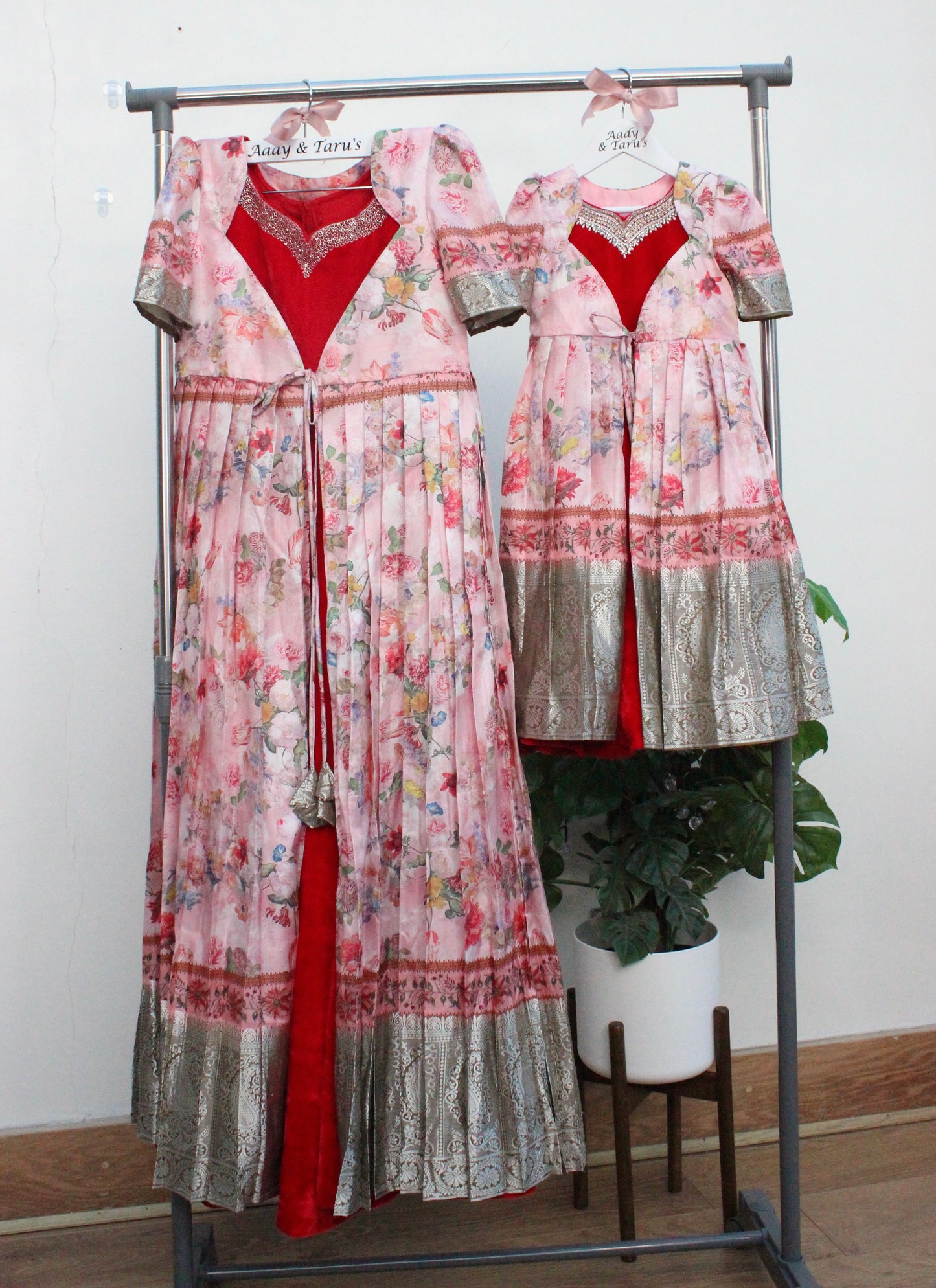 Red Velvet Hand Embroidered Twinning Suits For Mommy & Daughter With Satin Overcoat(Pre Booking)