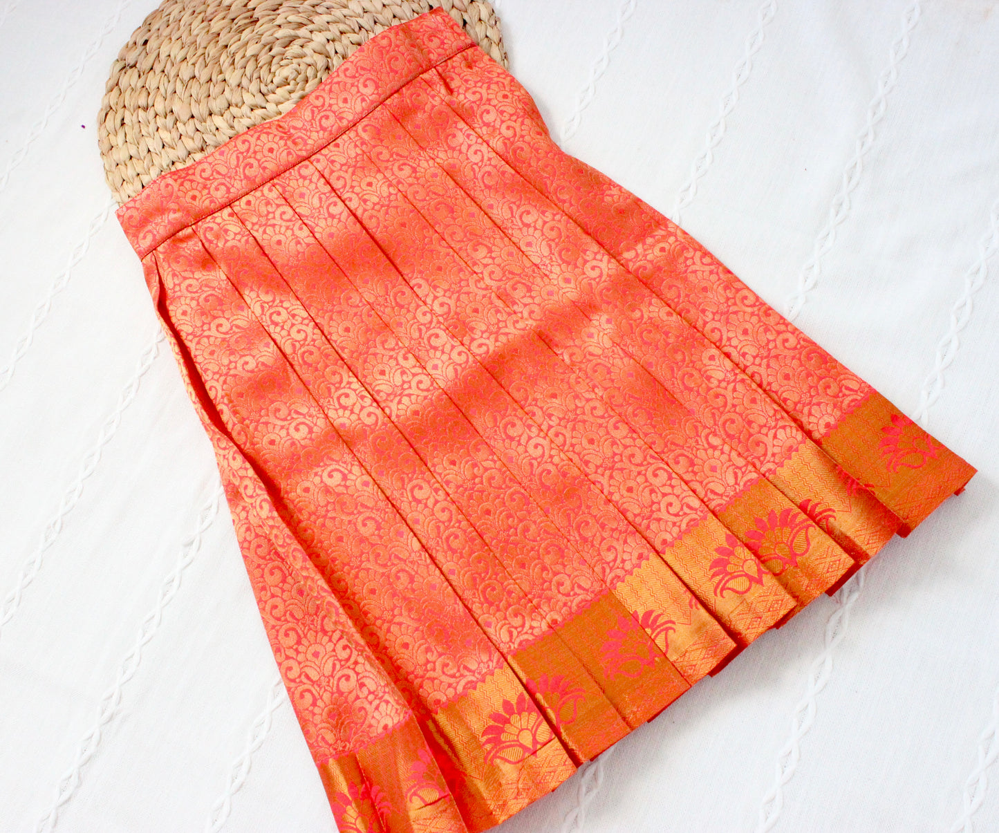 Beautiful Traditional Violet Silk Blouse With Orange Pleated Pattu Pavadai/Lehenga