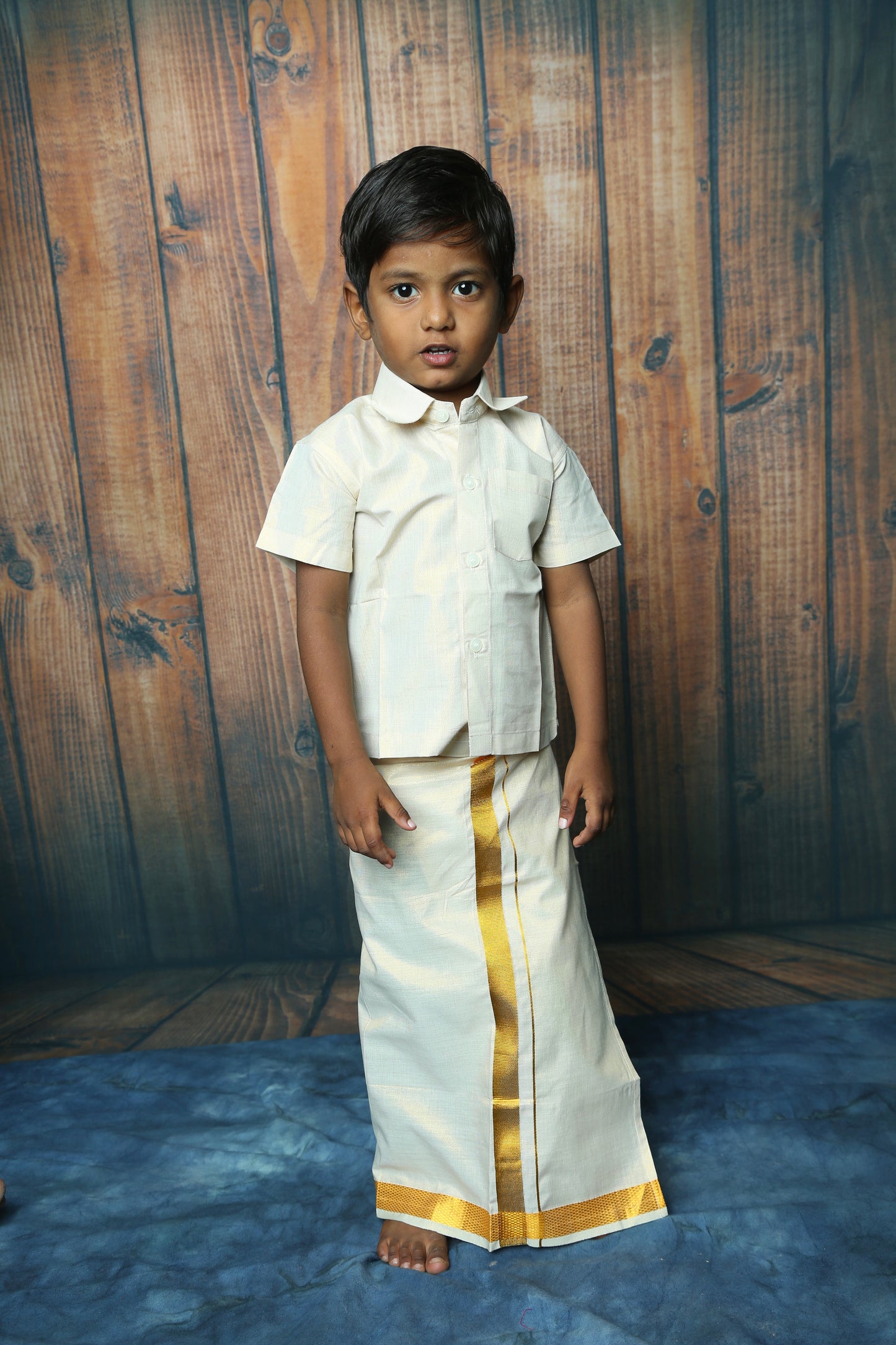 Boys Tissue Jari Half Sleeve Shirt Dhoti Set-Gold(Ready To Dispatch)