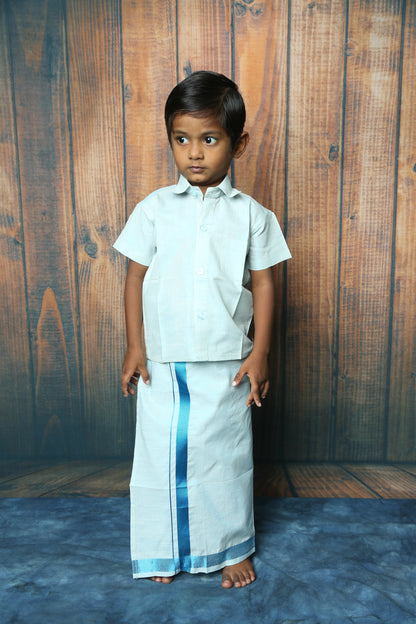 Boys Tissue Jari Half Sleeve Shirt Dhoti Set-Blue(Ready To Dispatch)