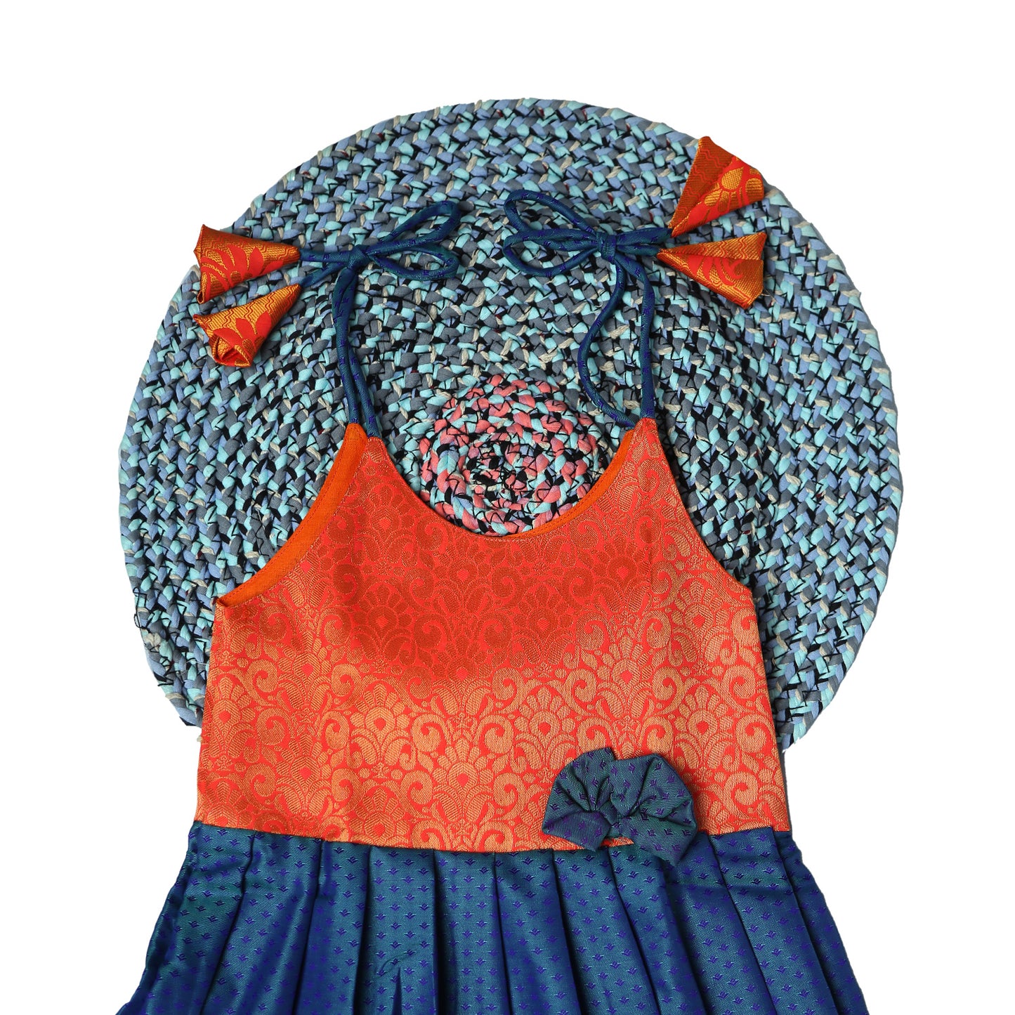 Elegant Orange& Blue Silk Tie-Up Frock for Girls
