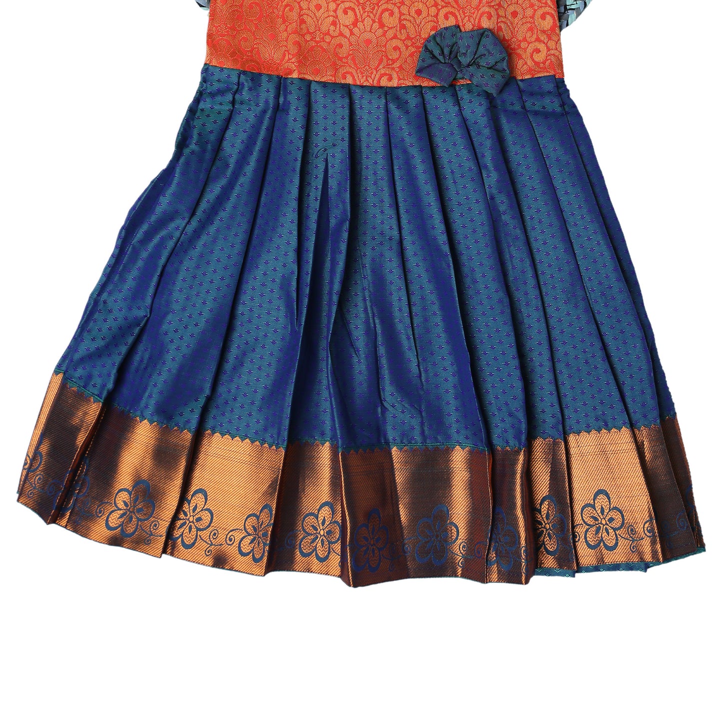 Elegant Orange& Blue Silk Tie-Up Frock for Girls
