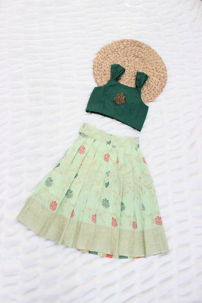 Pastel Green Bananas Crop Top with Knife Pleated Silk Skirt