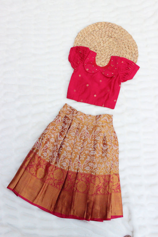 Adorable Pink Banarasi Semi Silk Blouse And Designer Silk Skirt For Girls