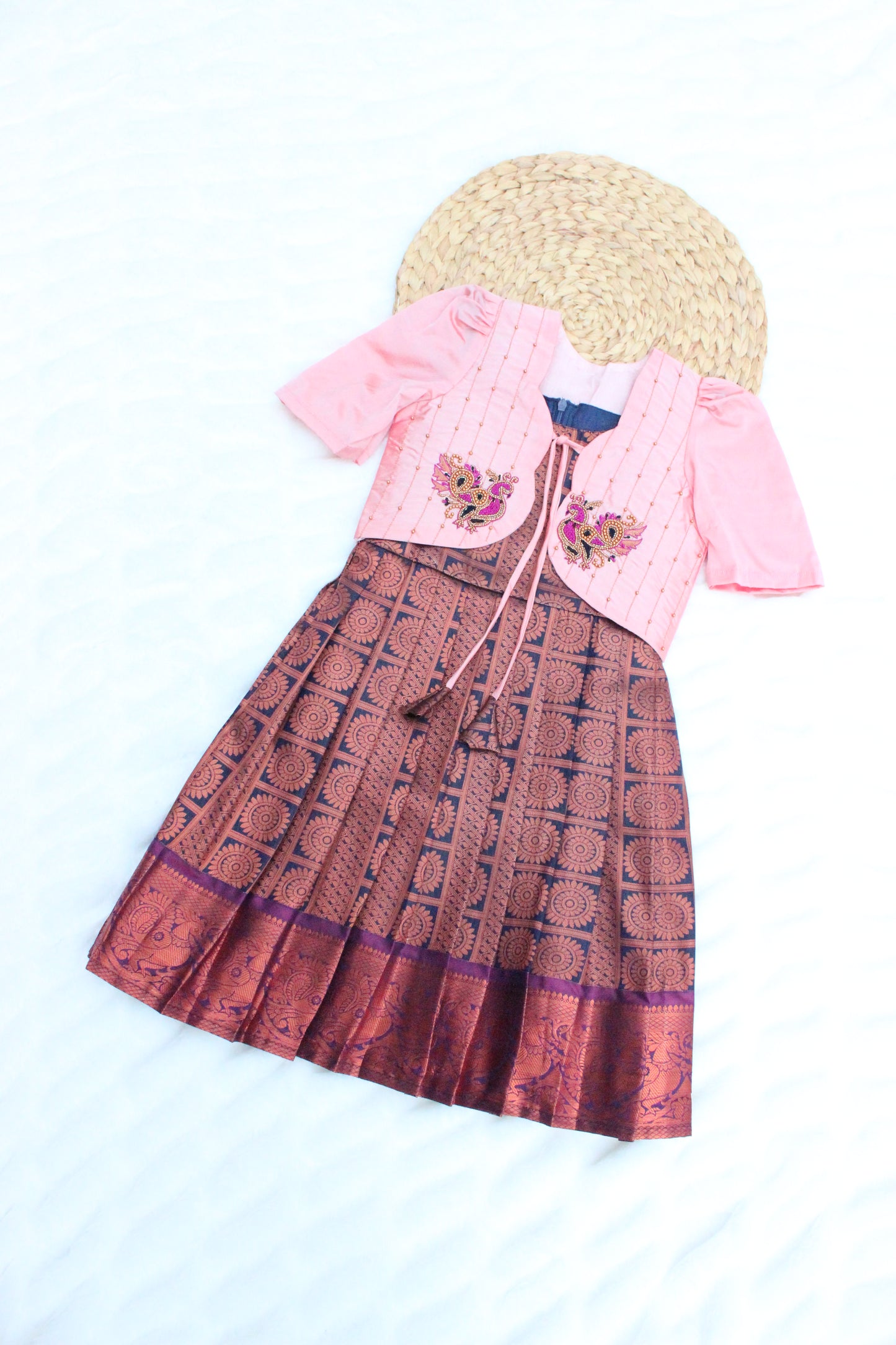 Adorable Brown Silk Frock & Pink Overcoat Model(Ready To Dispatch)