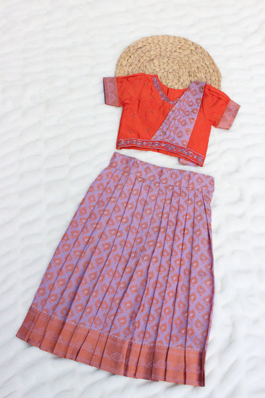 Orange Purple Half Saree Style Top & Skirt for Girls - Traditional Elegance