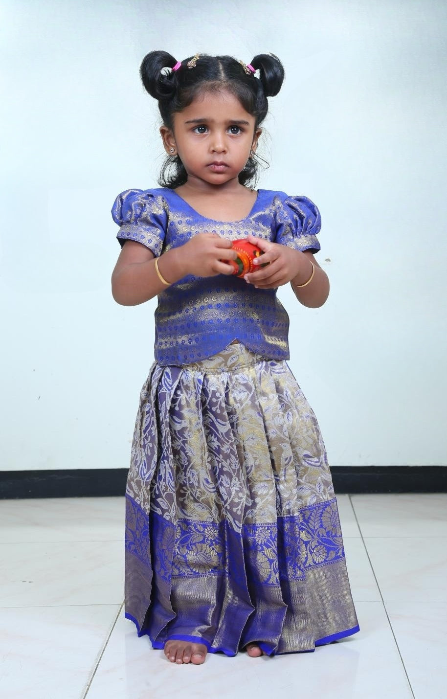 Adorable Blue Banarasi Semi Silk Blouse And Designer Silk Skirt For Girls(Ready To Dispatch)