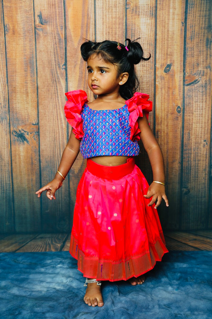 Girls' Luxurious Embroidery Top and Pink Paithani Bottom Pattu Pavadai/Lehenga (Pre Booking)