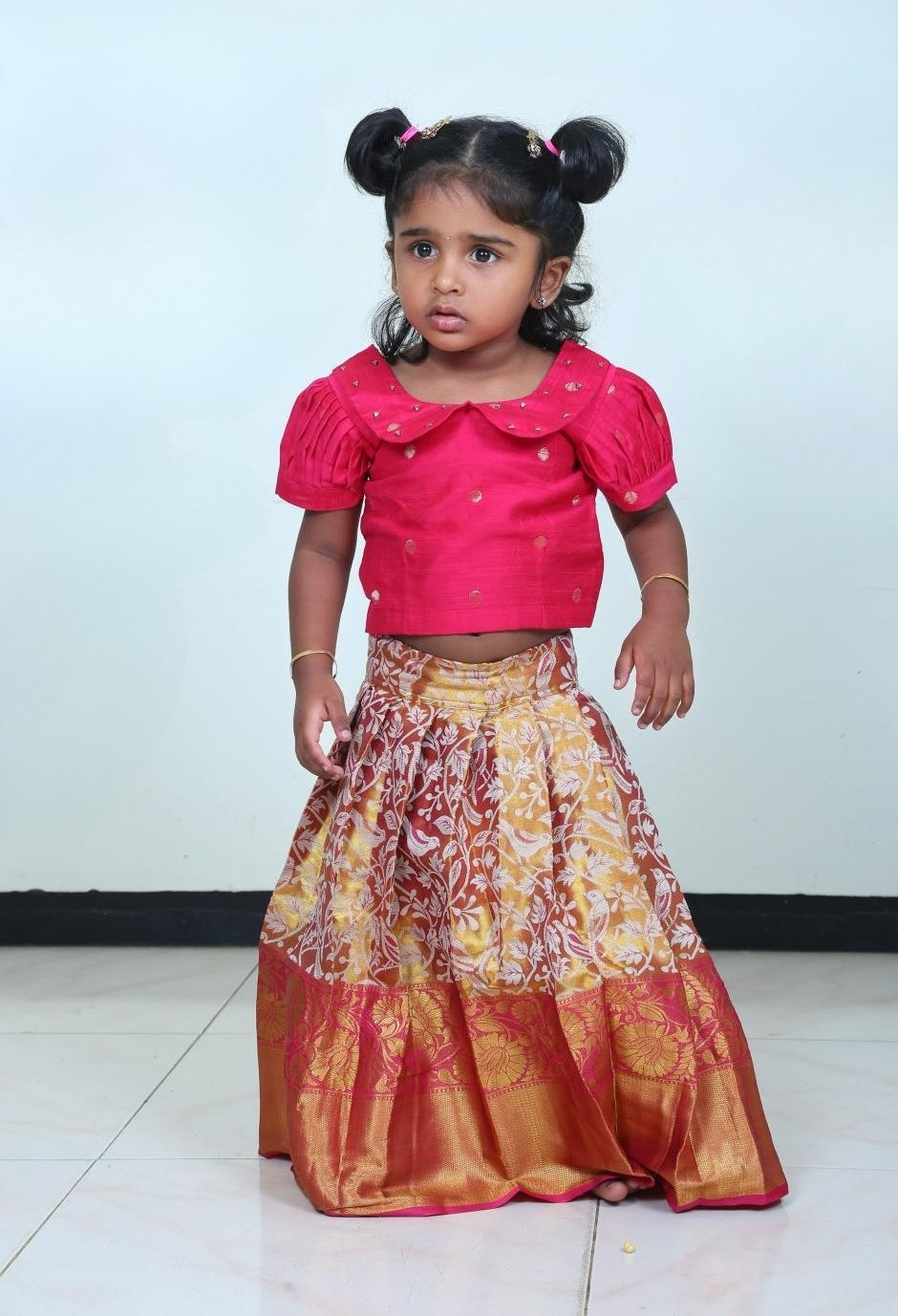 Adorable Pink Banarasi Semi Silk Blouse And Designer Silk Skirt For Girls(Ready To Dispatch)