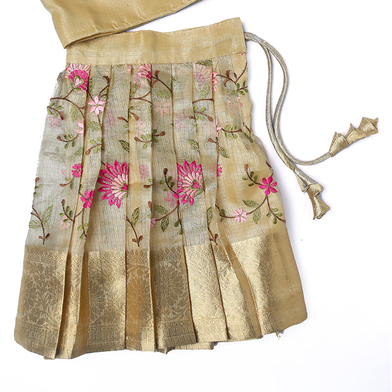 Golden Tissue Silk Twinning Lehenga For Mommy & Daughter With Pink Dupatta(Pre Booking)