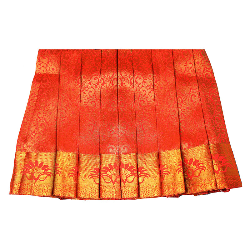 Beautiful Traditional Violet Silk Peplum Blouse With Orange Pleated Pattu Pavadai/Lehenga